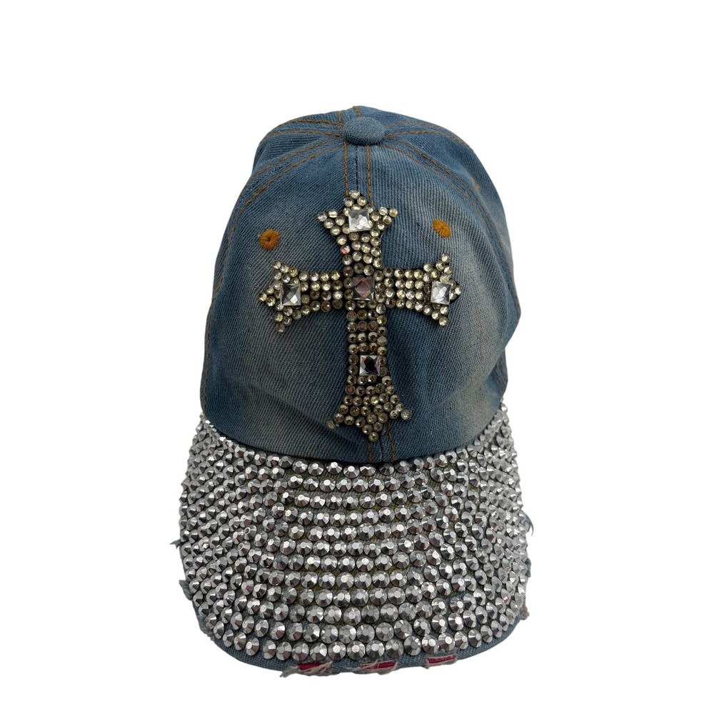 Distressed Denim Rhinestone Cross Bling Ballcap Women's Mossy Style Adjustable